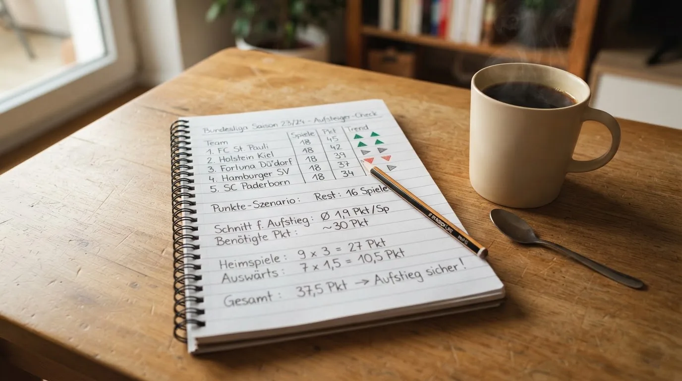 Ein Taschenrechner und ein Bleistift liegen auf einem handbeschriebenen Notizblock neben einer Tasse Kaffee.