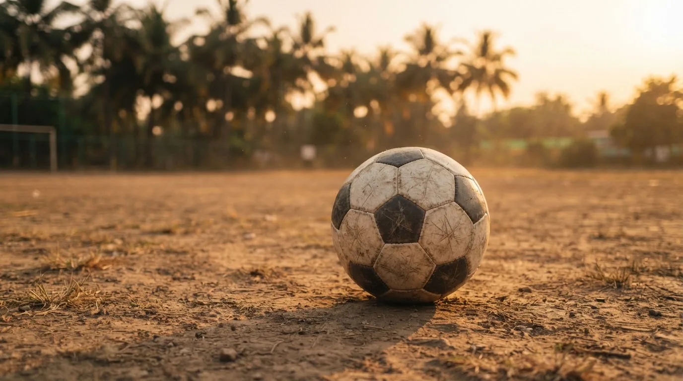 Ein Fußball liegt auf einem staubigen Bolzplatz mit Palmen im Hintergrund in warmem Abendlicht.