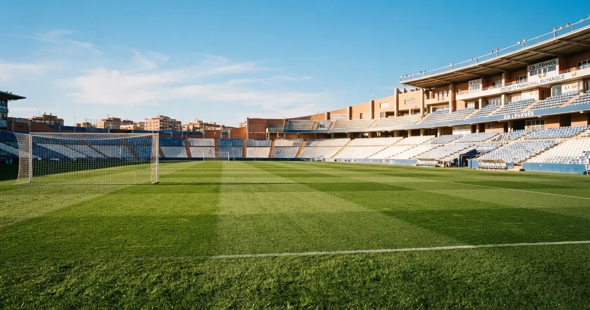 Ein Fußballstadion mit hellen Rängen unter strahlend blauem Himmel, davor ein sonnenbeschienener Rasen mit frisch gemähten Streifen.