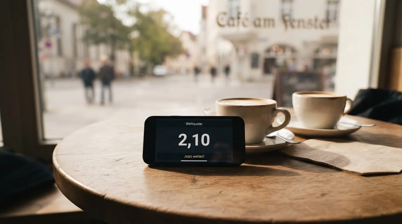Zwei Kaffeetassen und ein dunkles Smartphone stehen auf einem Café-Tisch am Fenster im Morgenlicht.