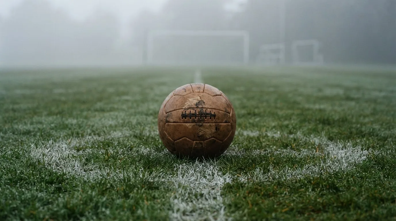 Ein abgewetzter Fußball liegt auf dem Anstoßkreis eines Naturrasens im Morgennebel.