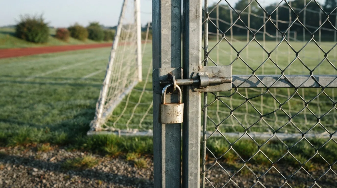 Ein geschlossenes Tor an einem Zaun mit Vorhängeschloss im Morgenlicht, dahinter ein einfacher Sportplatz.