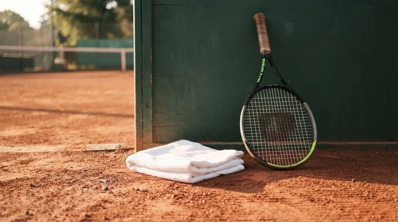 Ein Tennisschläger lehnt an einer dunkelgrünen Bande ohne Aufschrift auf einem Sandplatz, daneben liegt ein Handtuch.