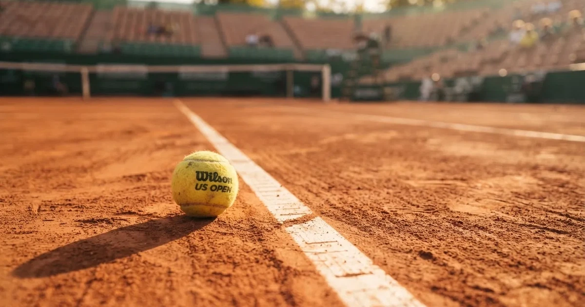 Ein Sandplatz mit rötlichem Belag und gezogenen weißen Linien, ein einzelner Tennisball liegt neben der Linie, im Hintergrund eine leere Tribüne.