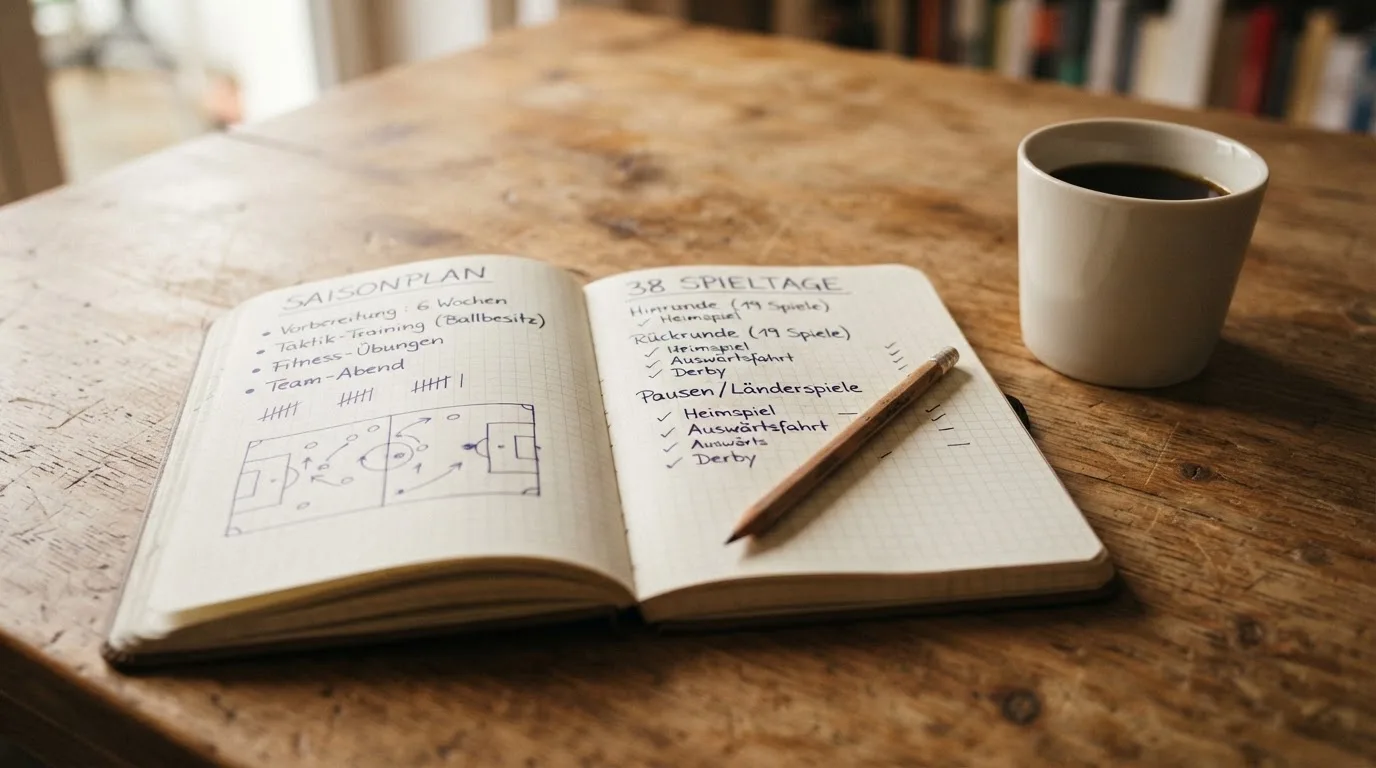 Ein aufgeschlagenes Notizbuch mit handschriftlichen Skizzen liegt neben einem Bleistift auf einem Holztisch, daneben eine Tasse Kaffee.