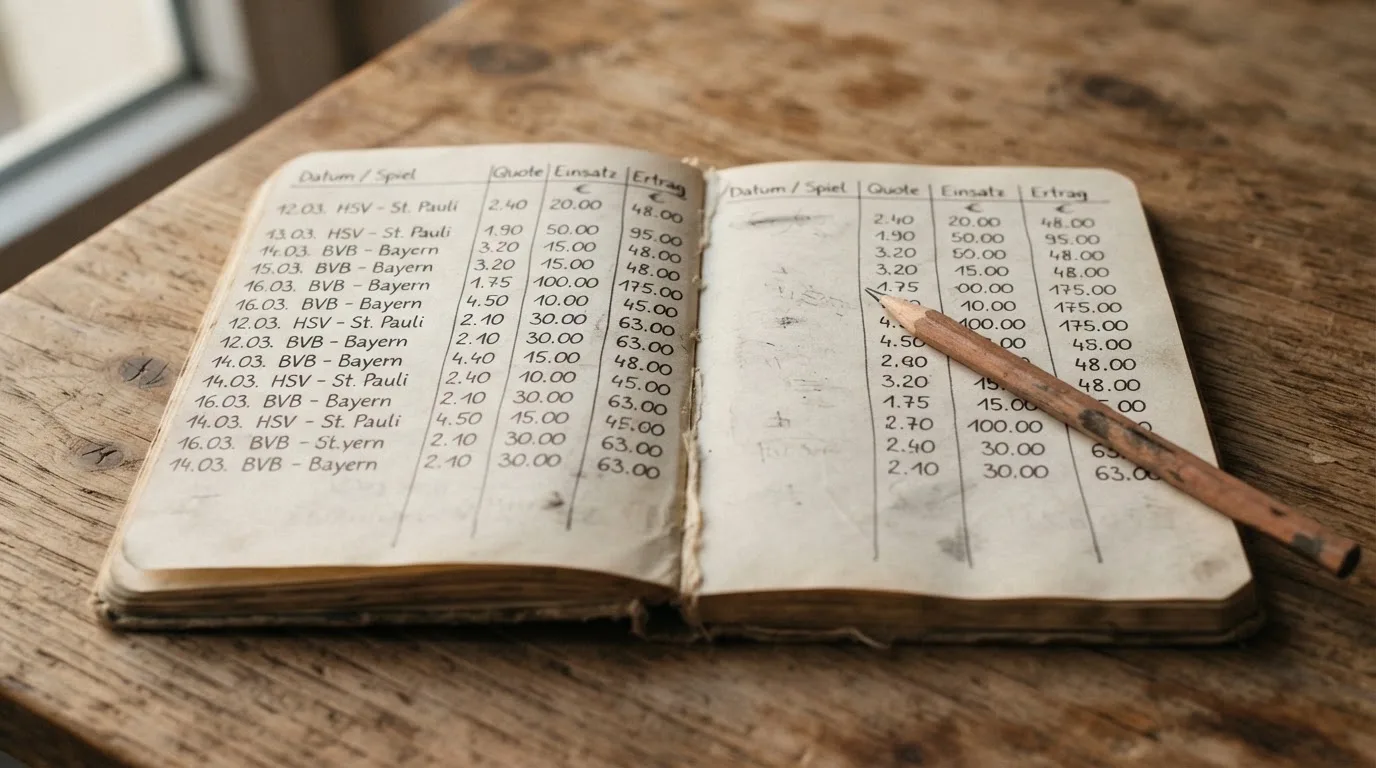 Ein Taschenrechner und ein Bleistift liegen auf einem Schreibtisch neben einem aufgeschlagenen Notizbuch mit handschriftlichen Zahlenreihen.