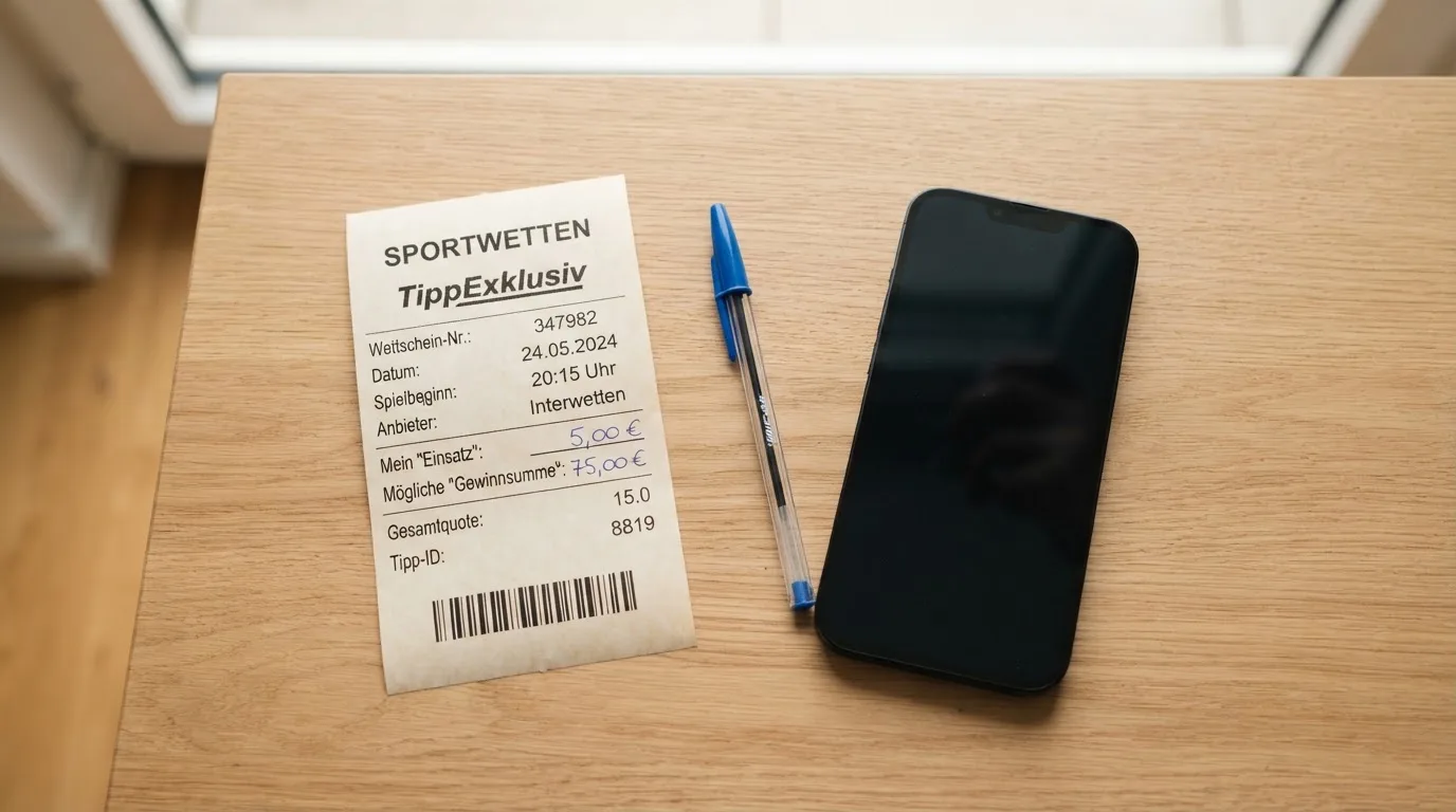 Ein leerer Papier-Wettschein liegt neben einem Smartphone mit dunklem Display auf einer hellen Tischplatte, daneben ein Kugelschreiber.