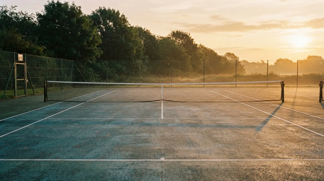 Ein Tennisplatz bei Sonnenaufgang, Netz und Grundlinien im weichen Licht, niemand ist zu sehen.