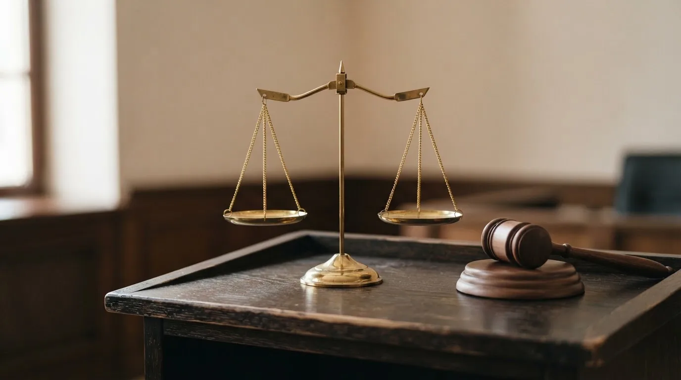 Eine Balkenwaage aus Messing steht im Gleichgewicht auf einem dunklen Pult neben einem hölzernen Richterhammer, dahinter eine unscharfe Wand.