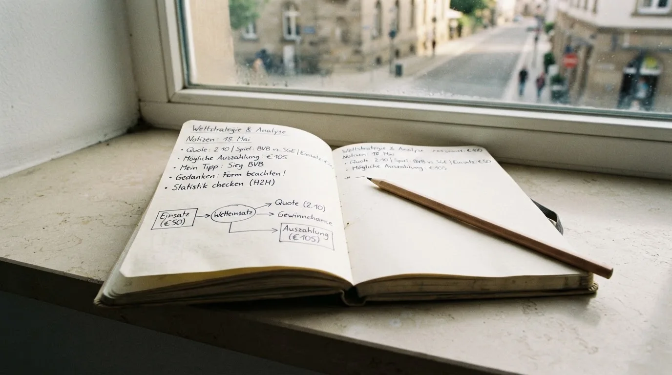Ein aufgeschlagenes Notizbuch mit handschriftlichen Skizzen und ein Bleistift liegen auf einer Fensterbank im Tageslicht.