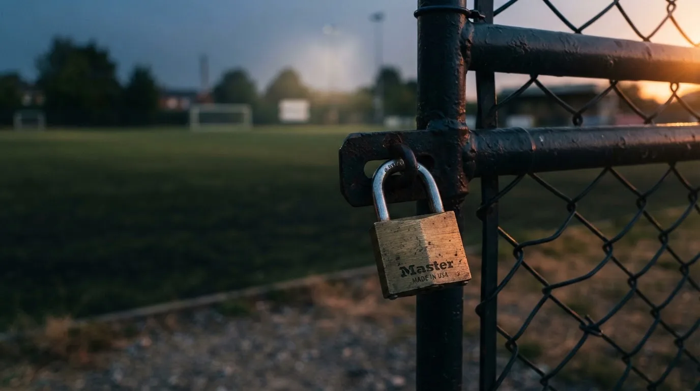 Ein Vorhängeschloss hängt an einem Metalltor, dahinter ein unscharfer Fußballplatz in der Dämmerung.