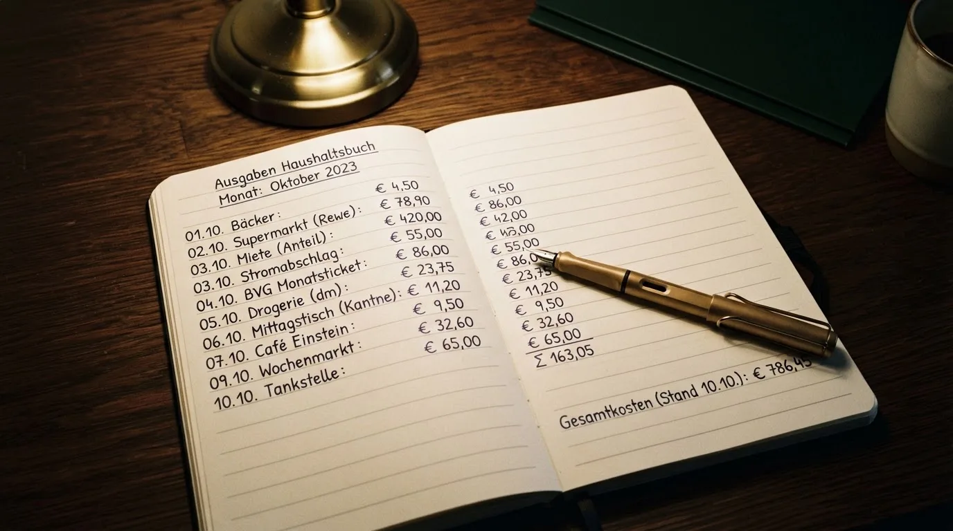 Ein Taschenrechner und ein Notizbuch mit handschriftlichen Zahlenreihen liegen auf einem Schreibtisch unter einer Lampe.