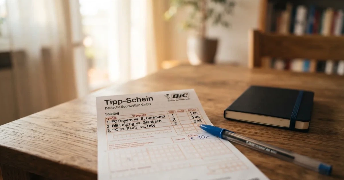 Ein leerer Papier-Wettschein und ein Kugelschreiber liegen auf einem Holztisch, daneben ein kleiner Stapel Münzen im Morgenlicht.