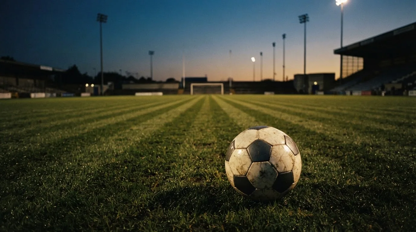 Ein Fußball liegt im Gras eines leeren Platzes, im Hintergrund stehen Flutlichtmasten in der Dämmerung.