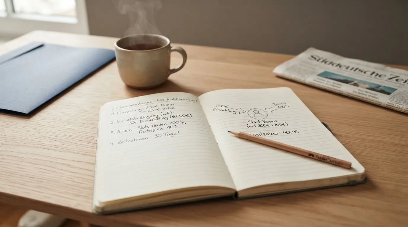 Ein aufgeschlagenes Notizbuch mit handschriftlichen Skizzen und ein Bleistift liegen auf einem Schreibtisch neben einer Tasse Tee.