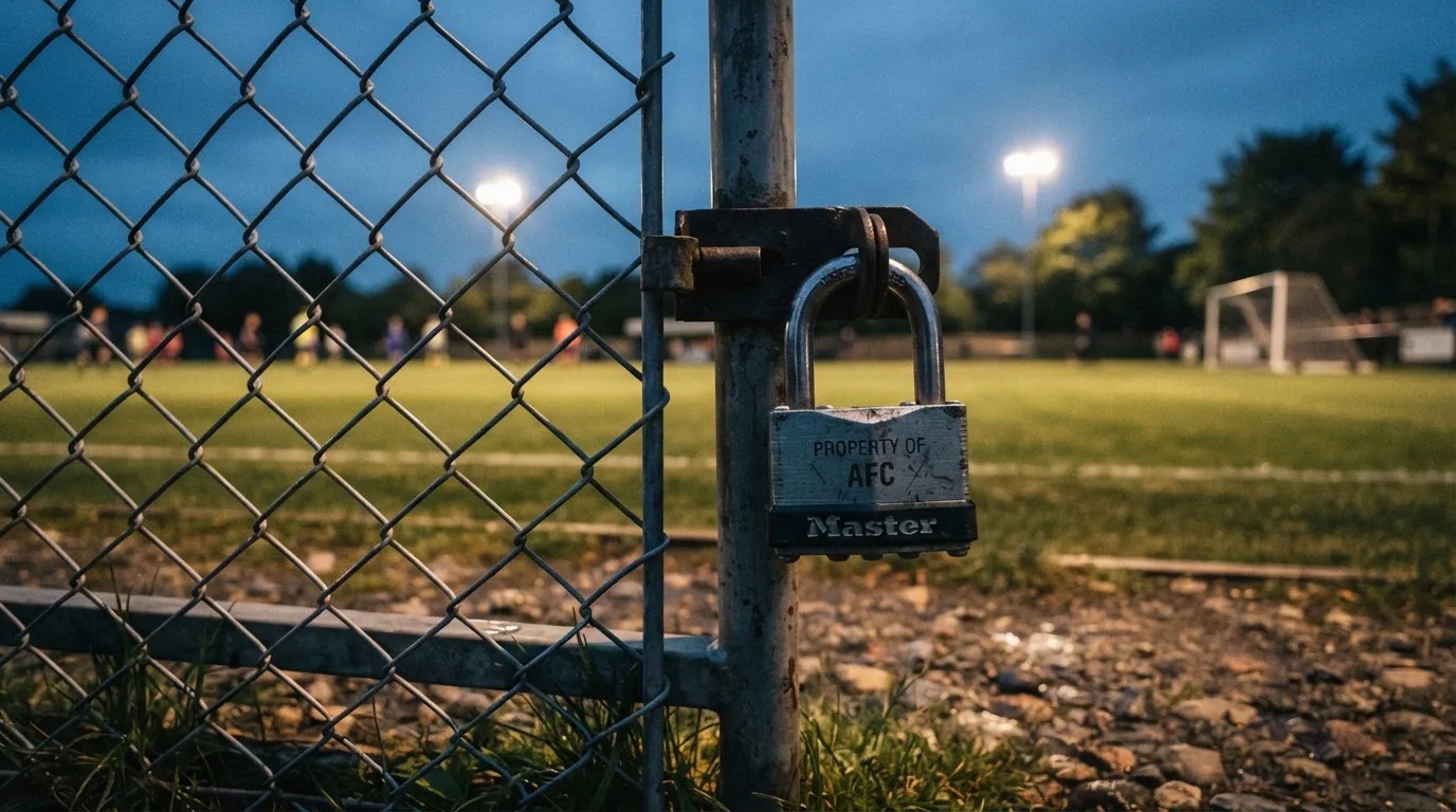 Ein Vorhängeschloss hängt an einem Metalltor in der Dämmerung, im Hintergrund unscharf ein Fußballplatz.