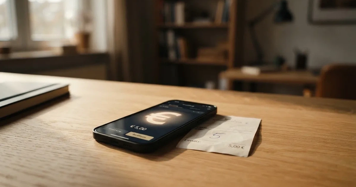 Eine Plastikkarte ohne Aufdruck liegt neben Münzen und einem Smartphone mit dunklem Display auf einem hellen Tisch.