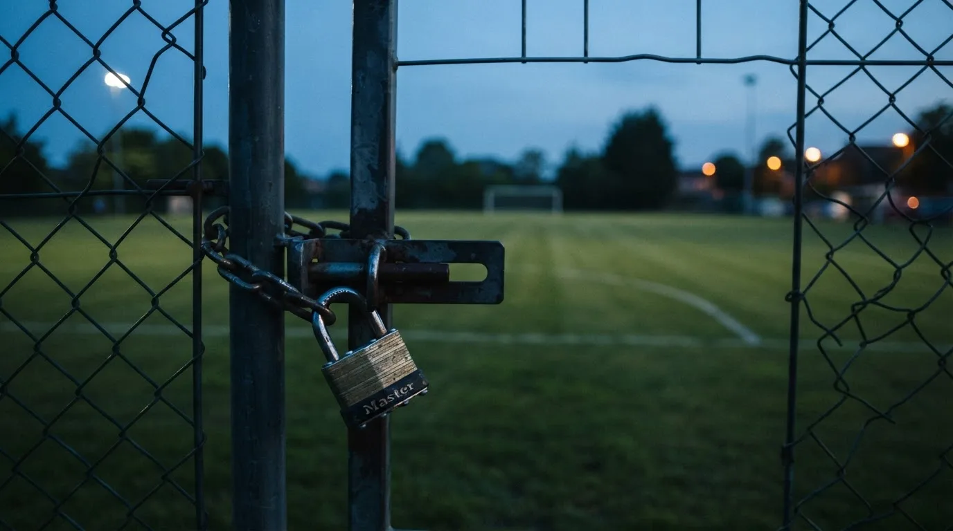 Ein Vorhängeschloss hängt an einem Metalltor in der Dämmerung, im Hintergrund unscharf ein leerer Fußballplatz.
