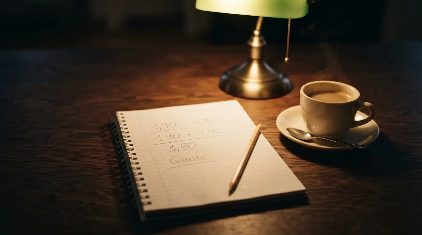 Ein Taschenrechner und ein Bleistift liegen auf einem Schreibtisch neben einer Tasse Kaffee im Licht einer Lampe.
