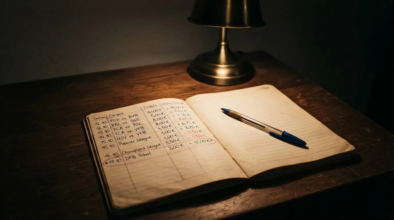 Ein Taschenrechner und ein aufgeschlagenes Notizbuch mit handschriftlichen Zahlenreihen liegen unter einer Schreibtischlampe.