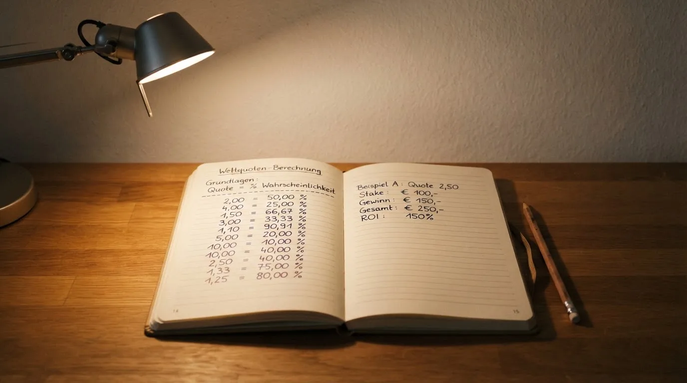 Ein Taschenrechner und ein aufgeschlagenes Notizbuch mit handschriftlichen Zahlenreihen liegen unter einer Schreibtischlampe.