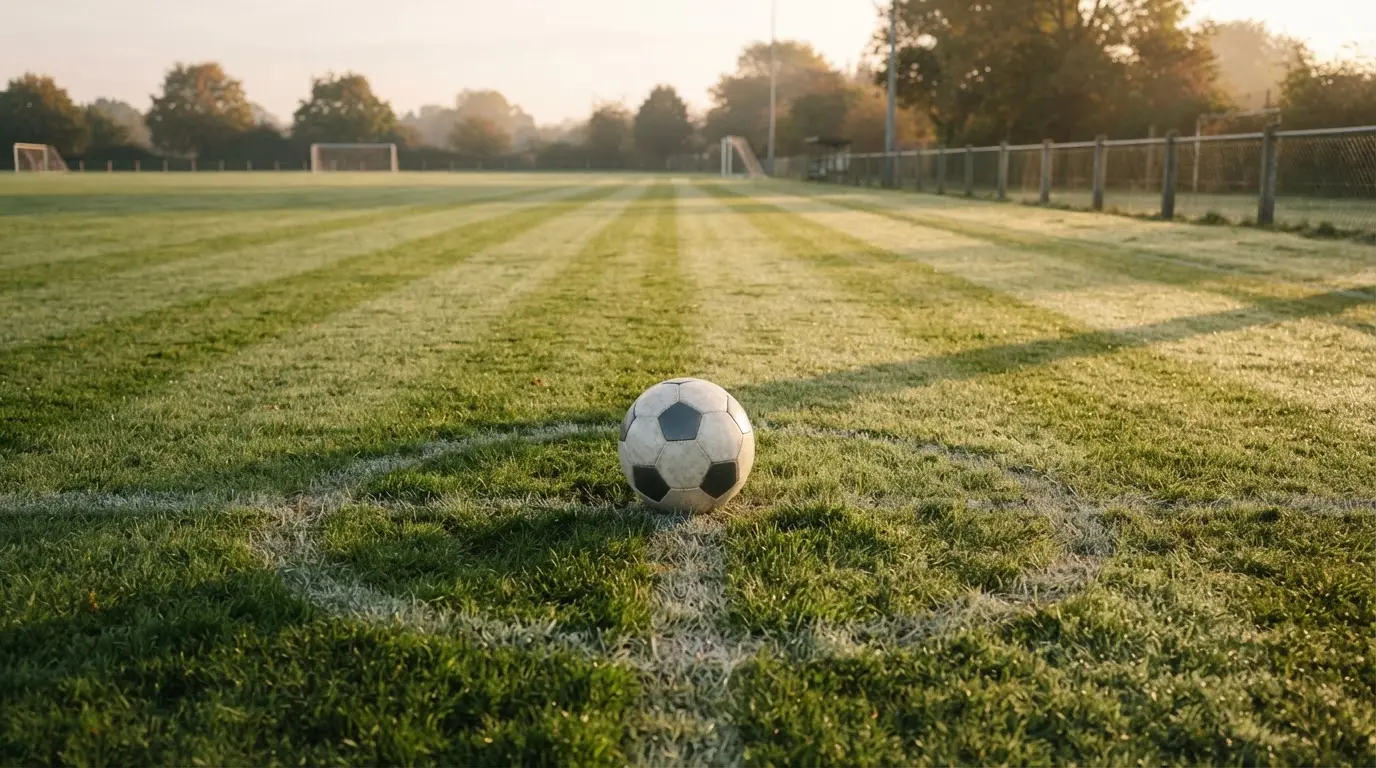 Ein Fußball liegt allein auf dem Anstoßpunkt eines leeren Rasenplatzes im Morgenlicht, am Rand ein niedriger Zaun.