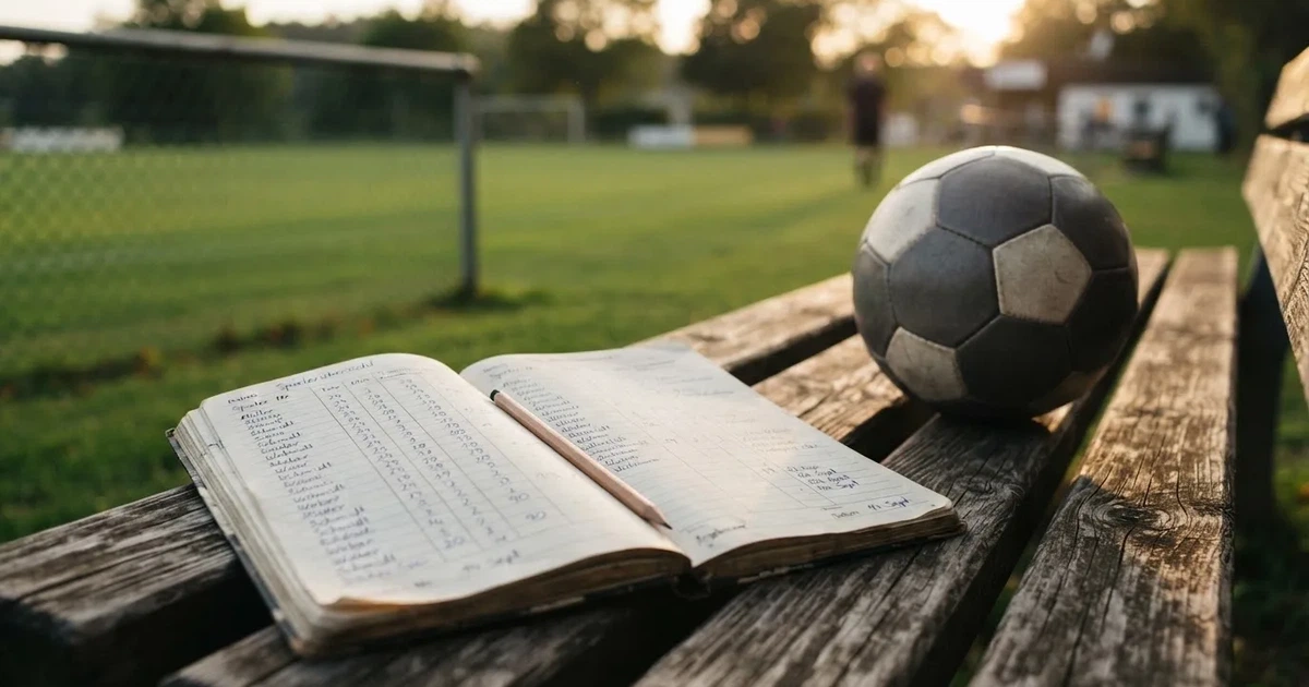 Ein Notizbuch mit handschriftlichen Zahlenkolonnen und ein Bleistift liegen neben einem Fußball auf einer Holzbank.