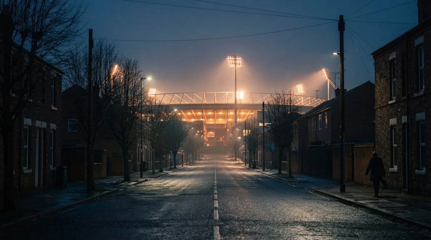 Ein Stadion unter Flutlicht aus der Ferne gesehen, davor eine leere Straße in der Abenddämmerung mit leichtem Dunst.