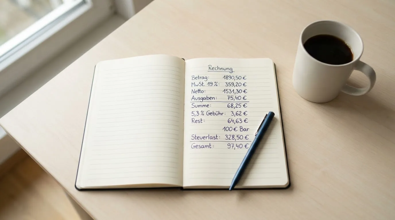 Ein Notizbuch mit handschriftlichen Rechnungen und ein Taschenrechner liegen auf einem hellen Schreibtisch neben einer Kaffeetasse.