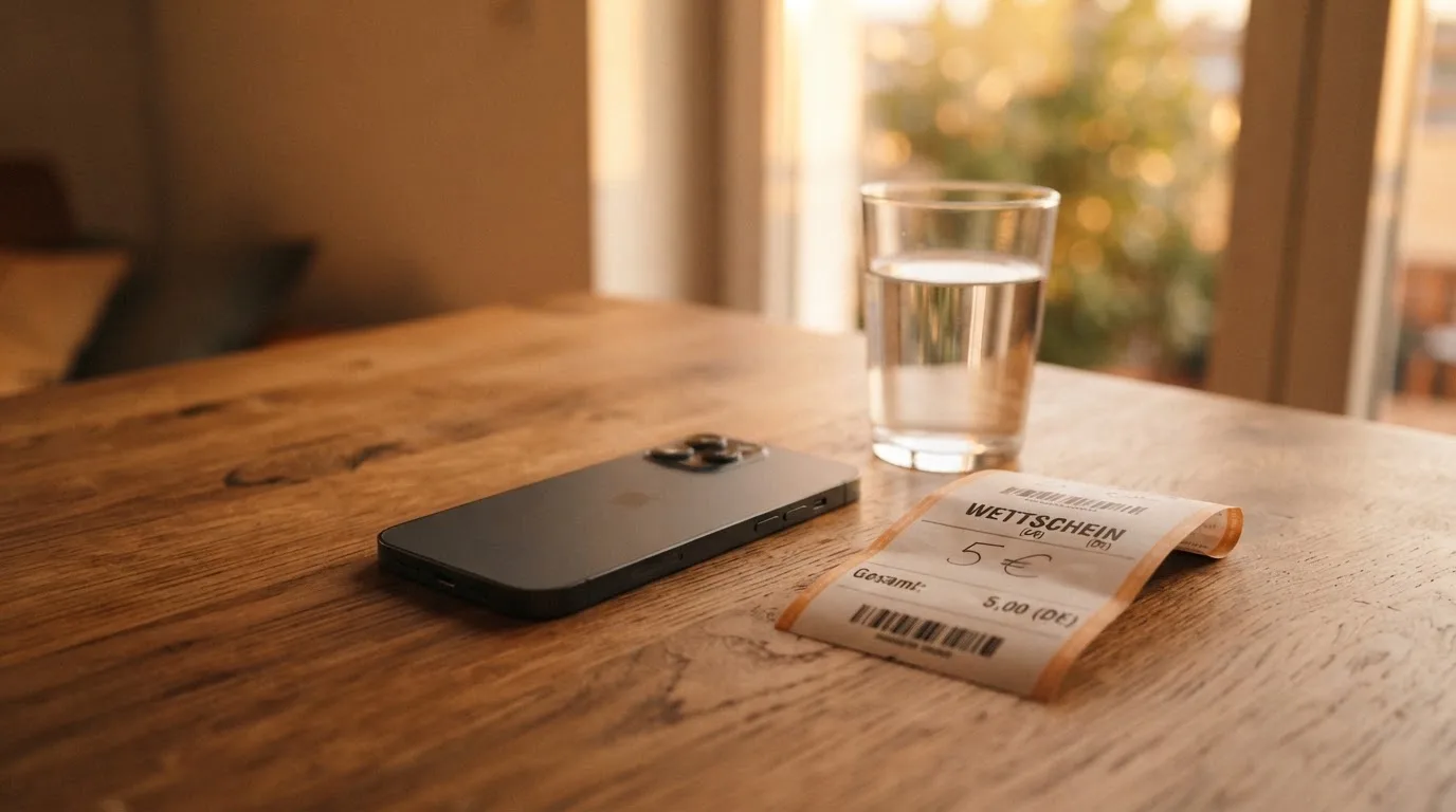 Ein Smartphone liegt mit dem Display nach unten auf einem Holztisch neben einem Glas Wasser, Abendlicht fällt durch ein Fenster.