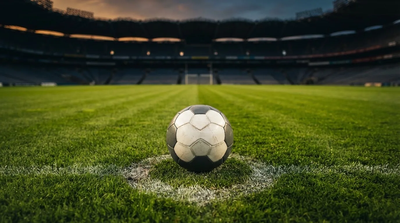 Ein Fußball liegt auf dem Anstoßpunkt eines leeren Rasenplatzes, dahinter ragen dunkle Ränge in den Abendhimmel.