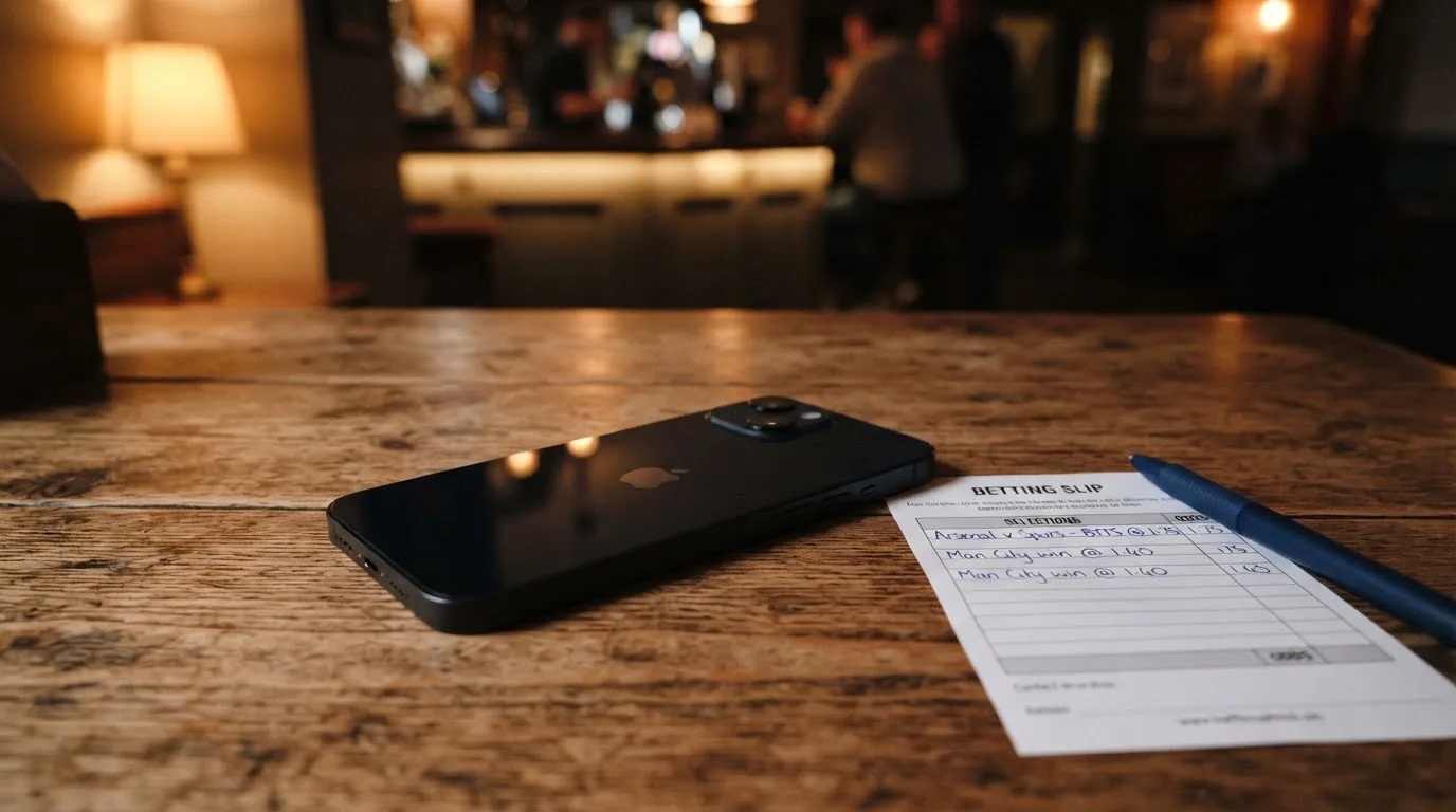 Ein Smartphone mit dunklem Display liegt neben einem leeren Papier-Wettschein und einem Stift auf einem Holztisch.