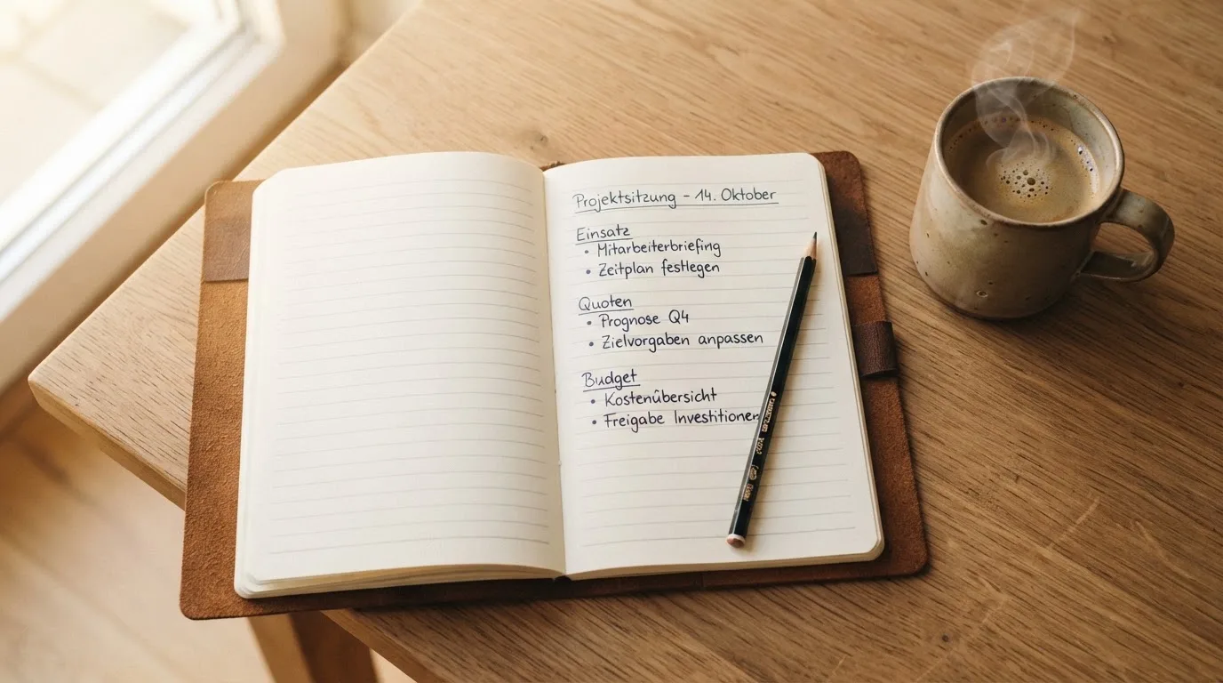 Ein Notizbuch mit handschriftlichen Notizen und einem Bleistift liegt auf einem Tisch, daneben steht eine Kaffeetasse im Morgenlicht.