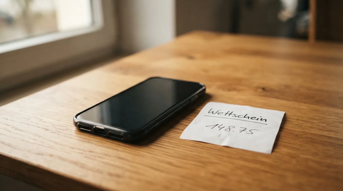 Ein Smartphone liegt mit dunklem Display auf einem Holztisch neben einem leeren Papier-Wettschein, Licht fällt von einem Fenster.