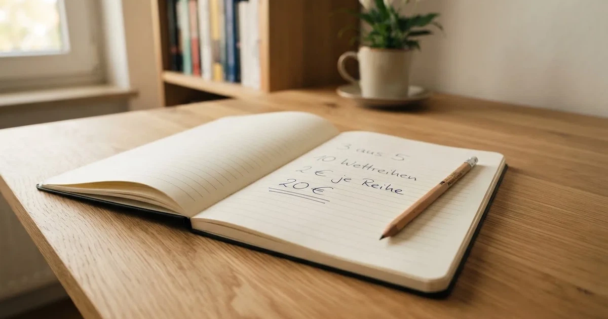 Ein Notizbuch mit handschriftlichen Notizen und einem Bleistift liegt neben einem Taschenrechner auf einem aufgeräumten Schreibtisch.