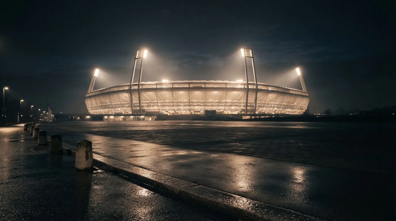 Ein Stadion unter Flutlicht von weitem betrachtet, davor ein stiller Platz bei Dunkelheit und feuchtem Asphalt.