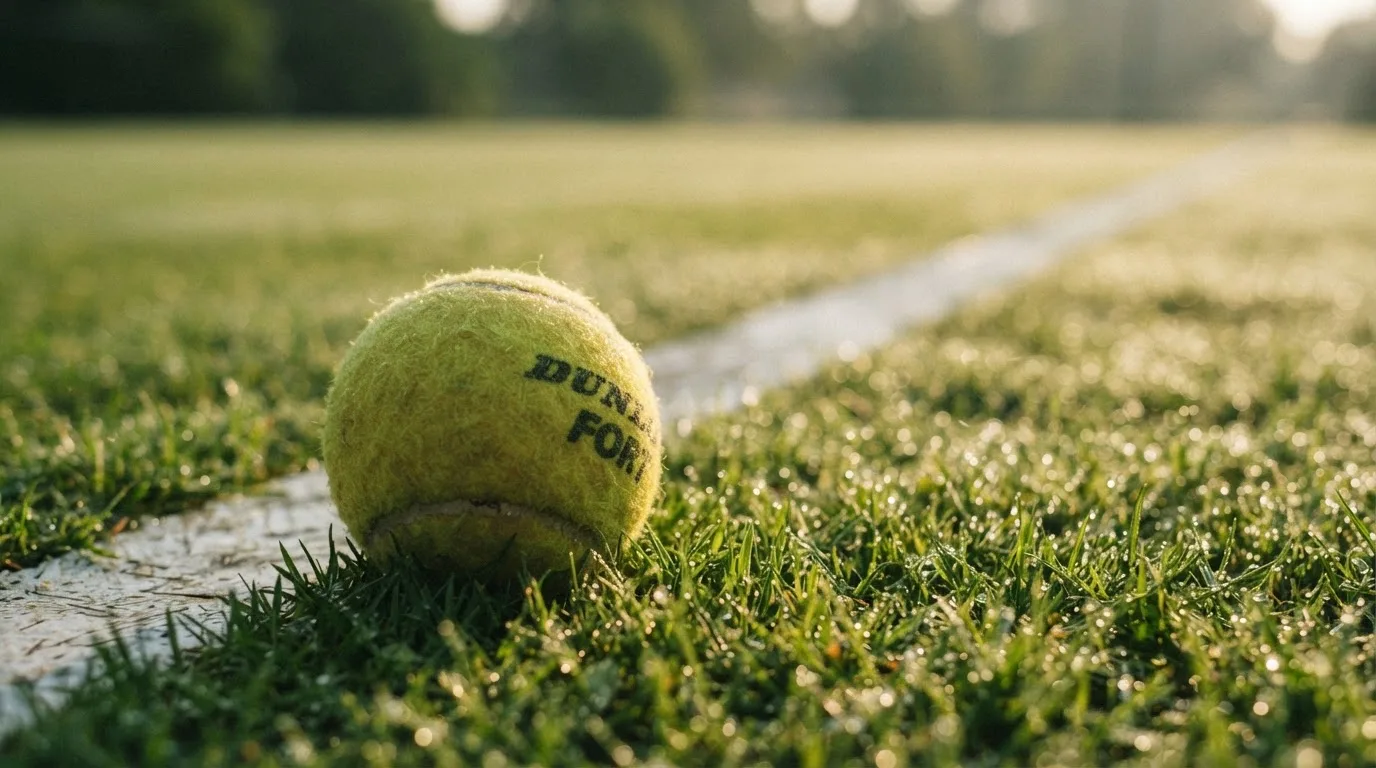 Ein Tennisball liegt auf frisch gemähtem Gras neben einer weißen Linie, Tautropfen glänzen im Gegenlicht.