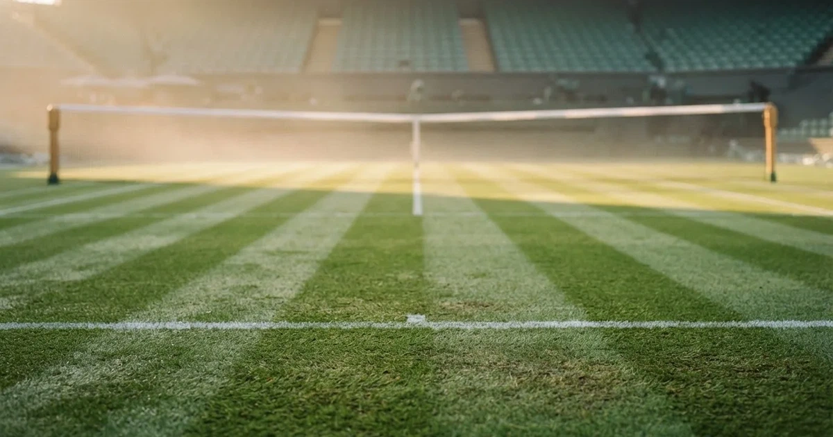 Ein Tennisplatz mit Rasenbelag im Morgenlicht, Netz und weiße Linien, im Hintergrund eine ruhige Tribüne.