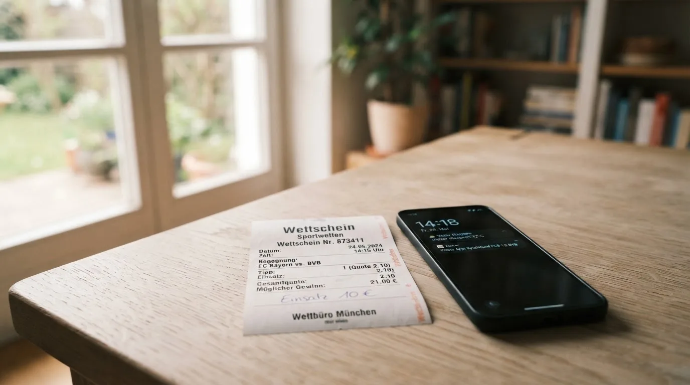 Ein Smartphone mit dunklem Display liegt neben einem leeren Papier-Wettschein auf einem Tisch am Fenster.