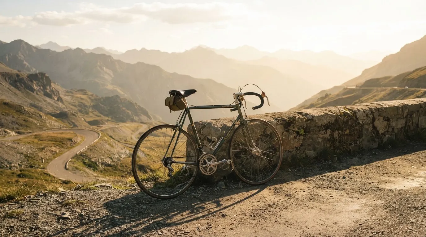 Ein Rennrad lehnt an einer Steinmauer in einer Bergkurve, im Hintergrund eine weite Hügellandschaft im Gegenlicht.