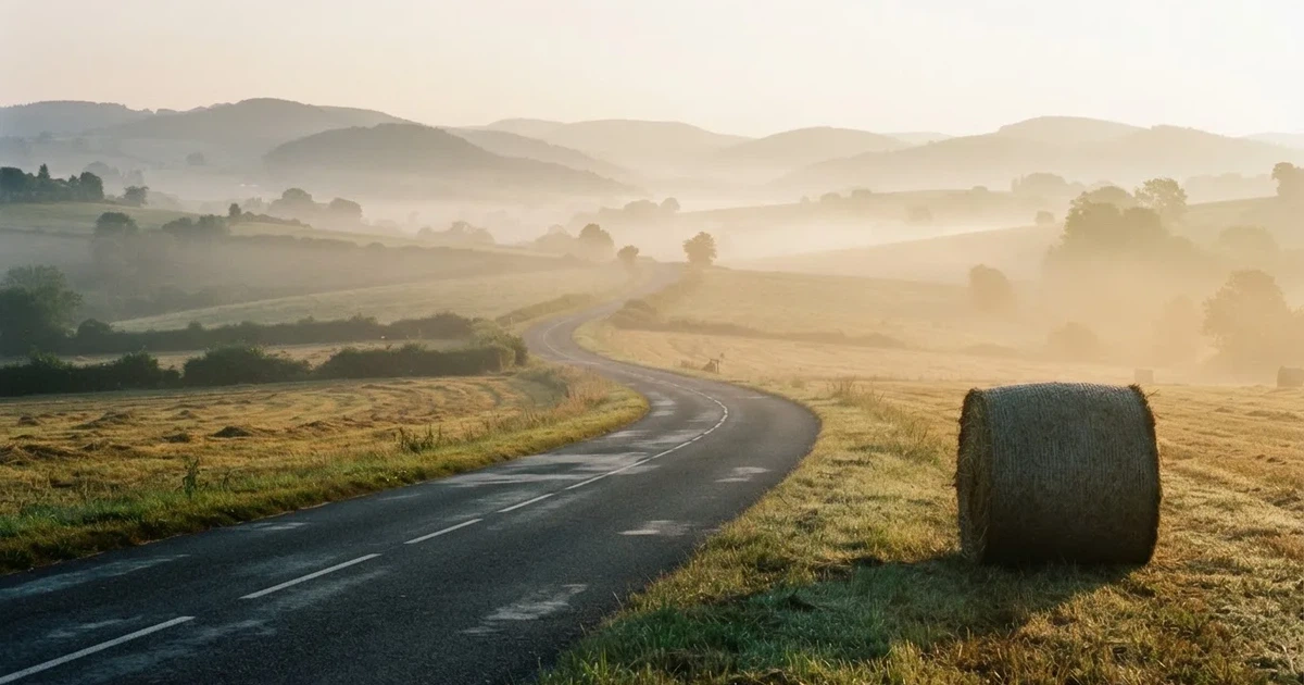 Eine Landstraße schlängelt sich durch Hügel im Morgennebel, am Straßenrand liegen Heuballen auf einem abgemähten Feld.