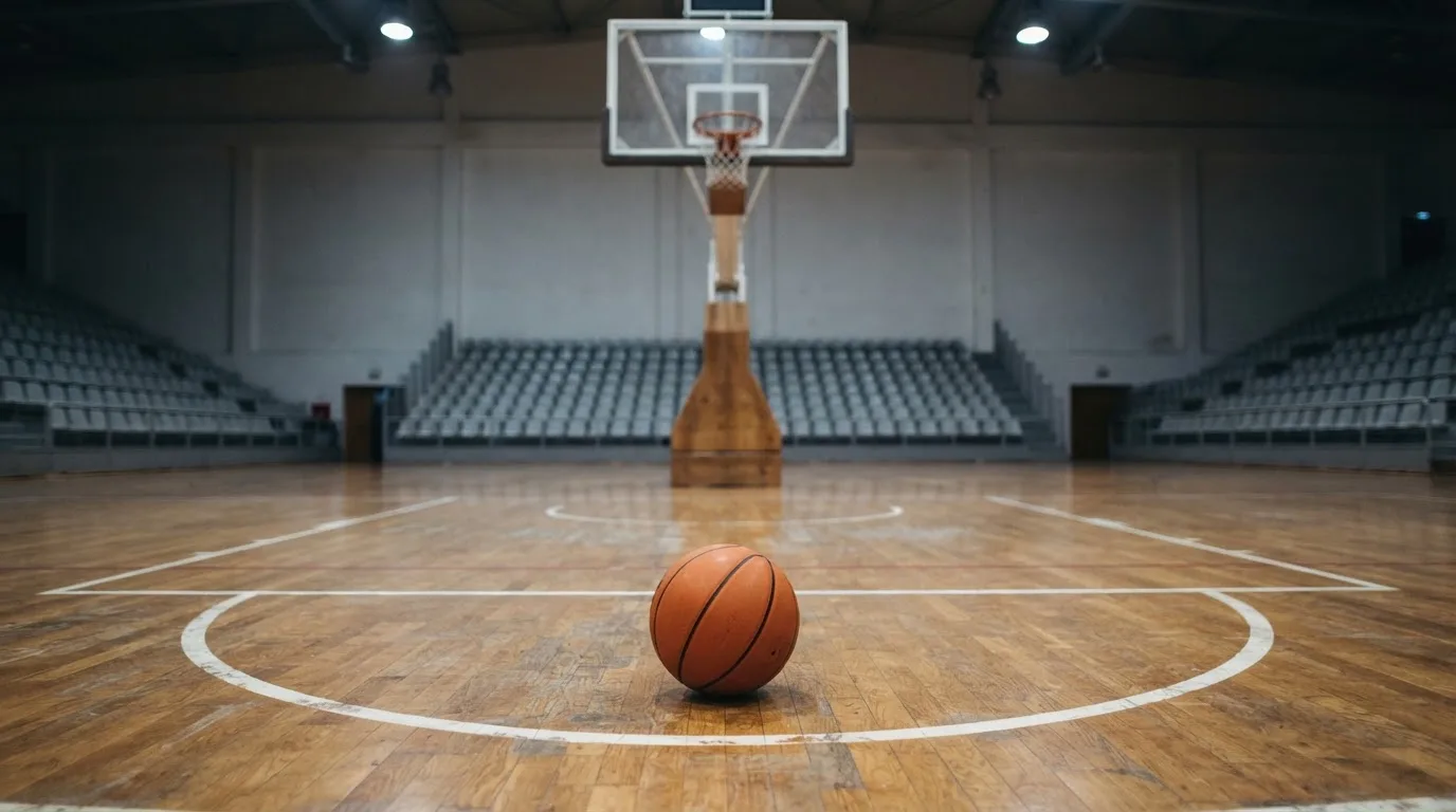 Ein Basketballkorb in einer leeren Halle, der Ball liegt unter dem Brett auf dem Parkett.