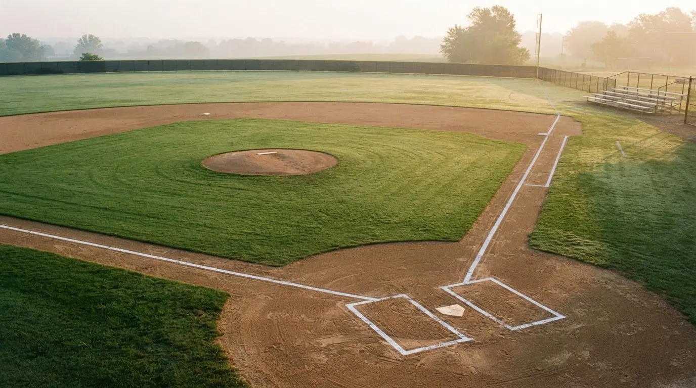 Ein Baseballfeld mit leerem Infield im Morgenlicht, die Linien frisch gezogen, keine Spieler im Bild.