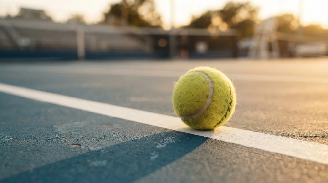 Ein Tennisball liegt in Nahaufnahme auf einer Grundlinie, dahinter verschwimmt ein leerer Platz in warmem Licht.