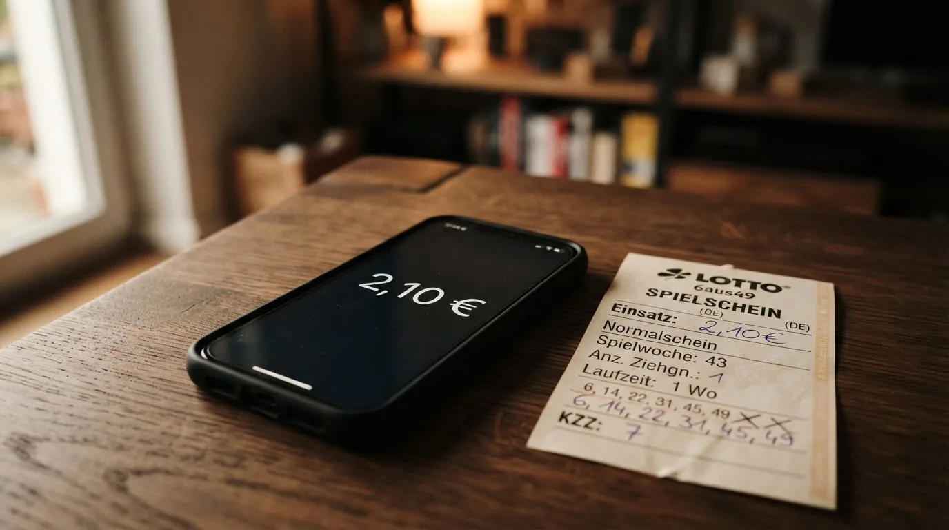 Ein Smartphone mit dunklem Display liegt neben einem leeren Papier-Wettschein auf einem Tisch, Licht fällt von der Seite.