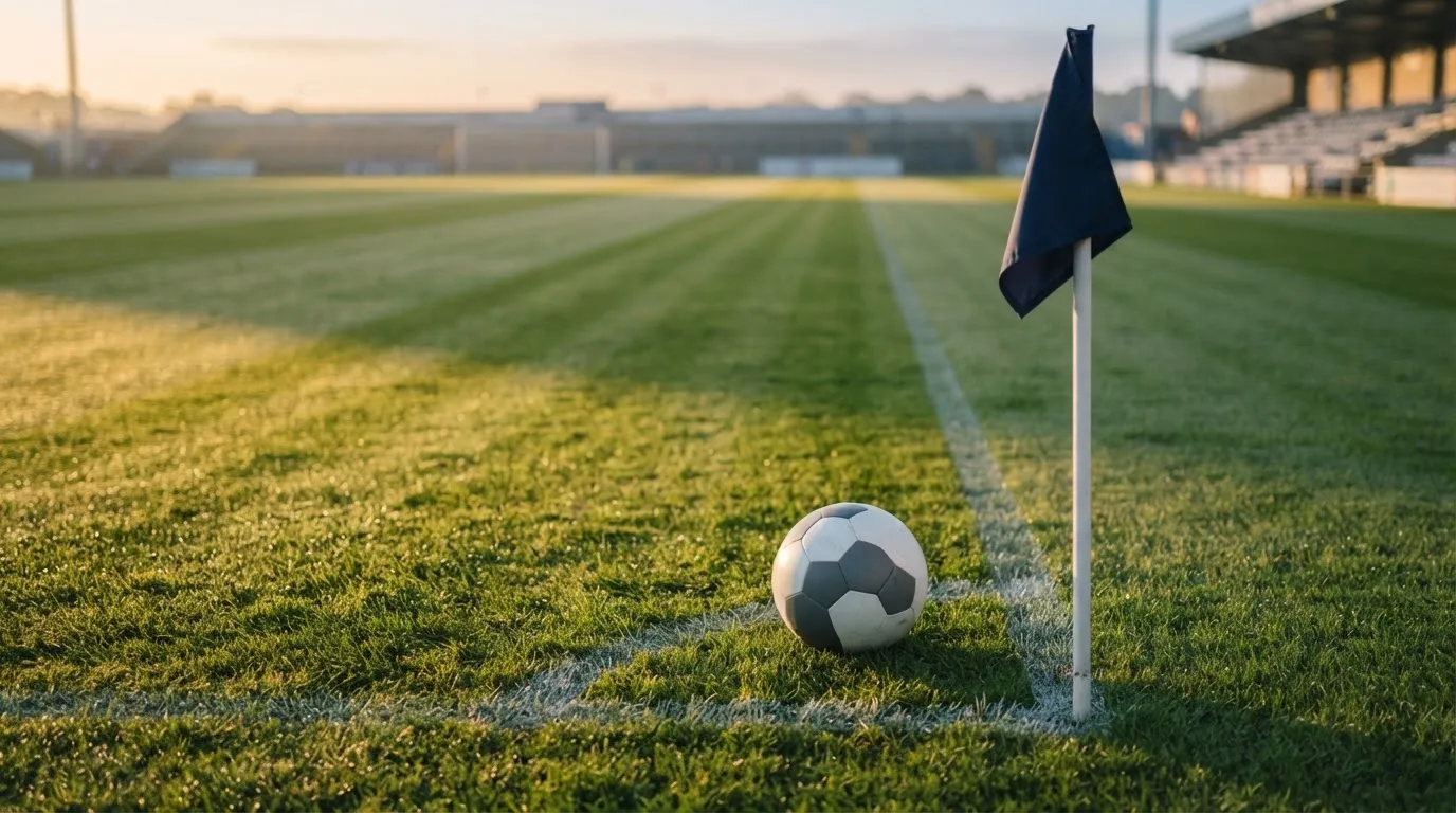 Ein Fußball liegt auf Rasen neben einer Eckfahne ohne Aufdruck auf einem leeren Platz im Morgenlicht.