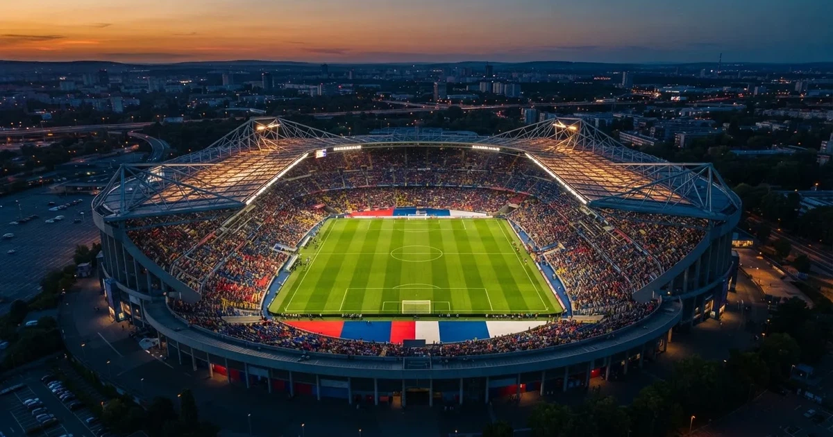 Ein riesiges Stadion in der Abenddämmerung aus der Vogelperspektive gesehen, die Lichter an den Rängen sind eingeschaltet.