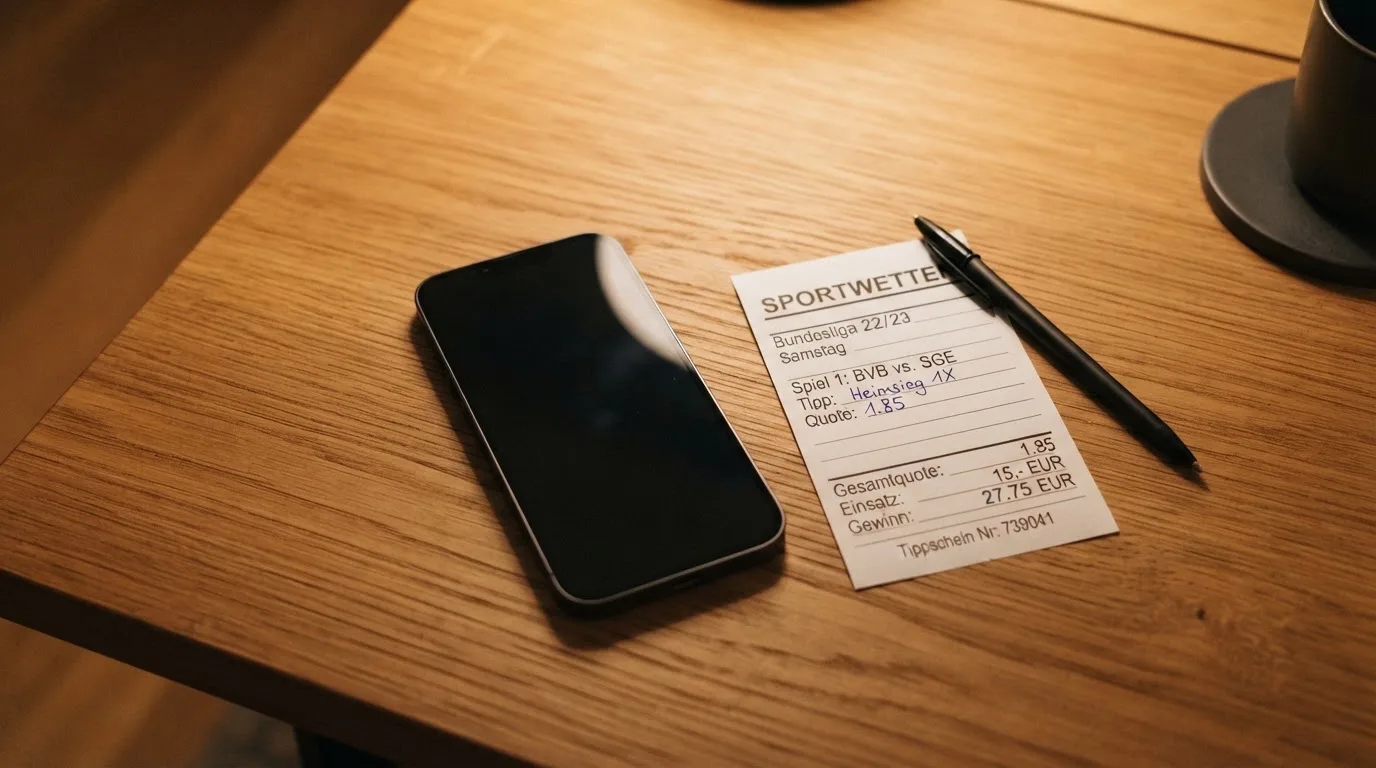Ein Smartphone liegt mit dunklem Display neben einem leeren Papier-Wettschein und einem Stift auf einem Holztisch.