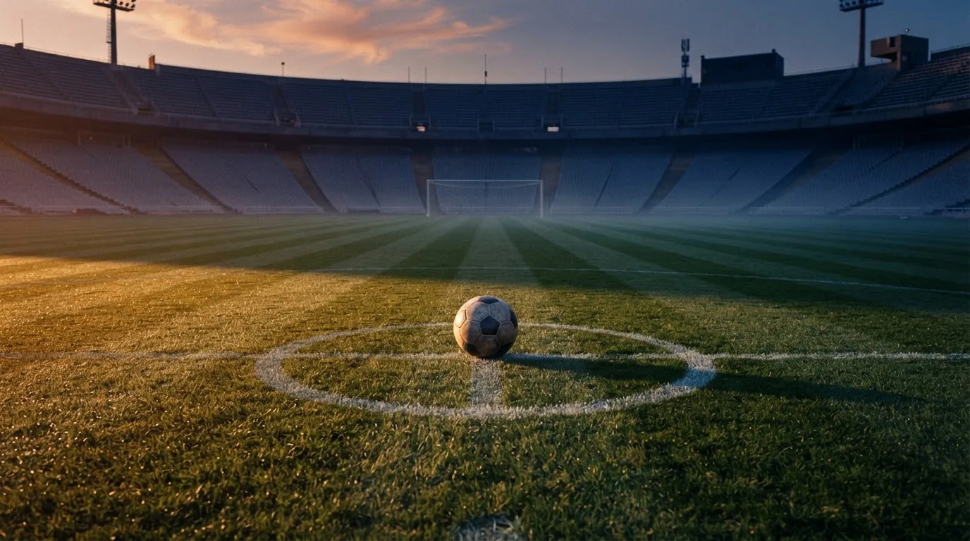 Ein Fußball liegt auf dem Anstoßpunkt eines Rasenplatzes, dahinter eine leere Tribüne im Abendlicht.