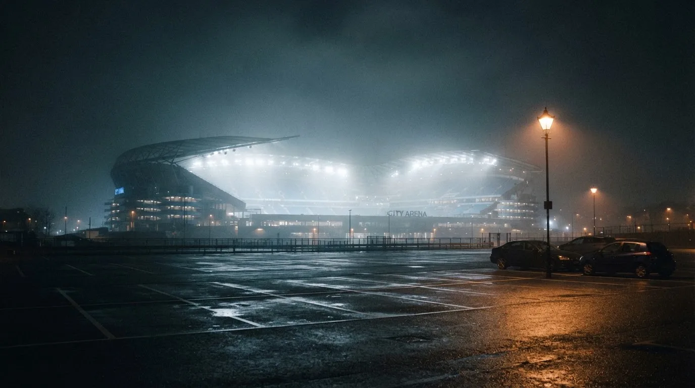Ein Stadion unter Flutlicht aus der Ferne gesehen, davor ein stiller Parkplatz bei Nebel.